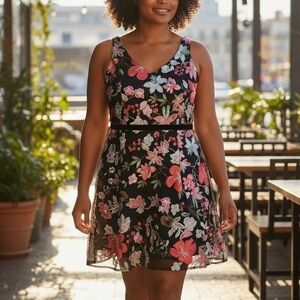 Sam Edelman Hibiscus Floral Embroidered A-Line Midi Dress